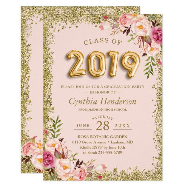 Gold Glitters Pink Floral Balloons 2019 Graduation Invitation