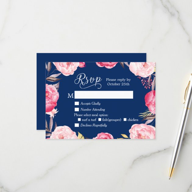 Romantic Floral Wreath Navy Blue RSVP Reply