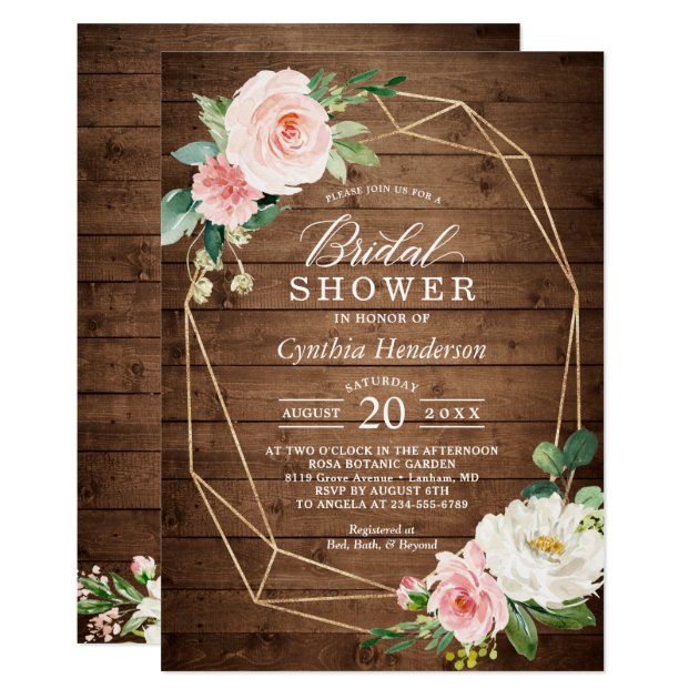 Geometric Rustic Wood Blush Floral Bridal Shower Invitation