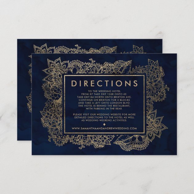Floral Gold Navy Blue Watercolor Wedding Direction Enclosure Card