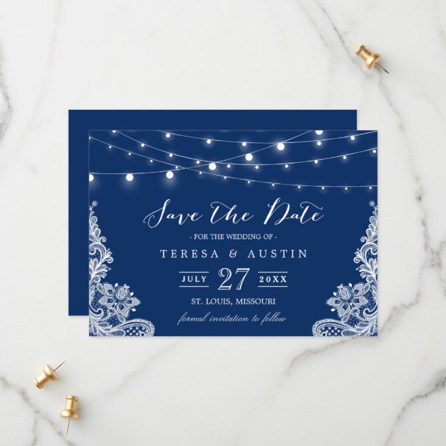 Navy Blue String Lights White Lace | Save The Date