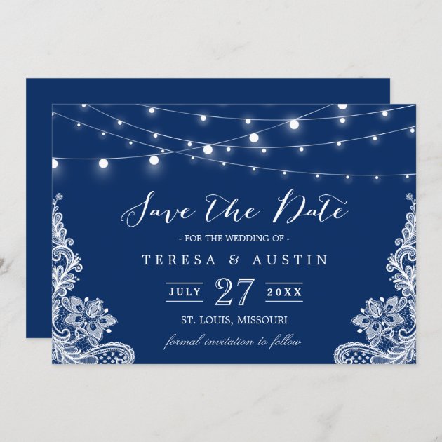 Navy Blue String Lights White Lace | Save The Date