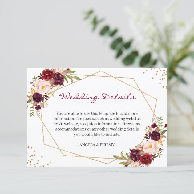 Burgundy Red Floral Gold Geometric Wedding Details Enclosure Card