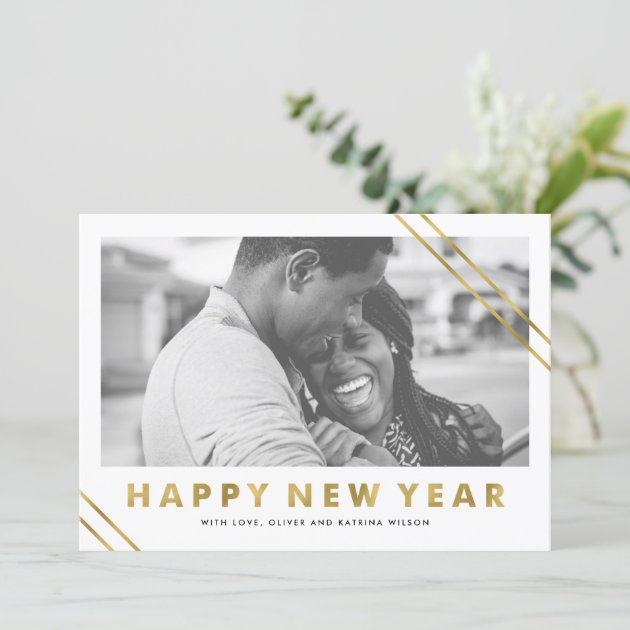 Modern Faux Gold Foil Happy New Year Photo Card