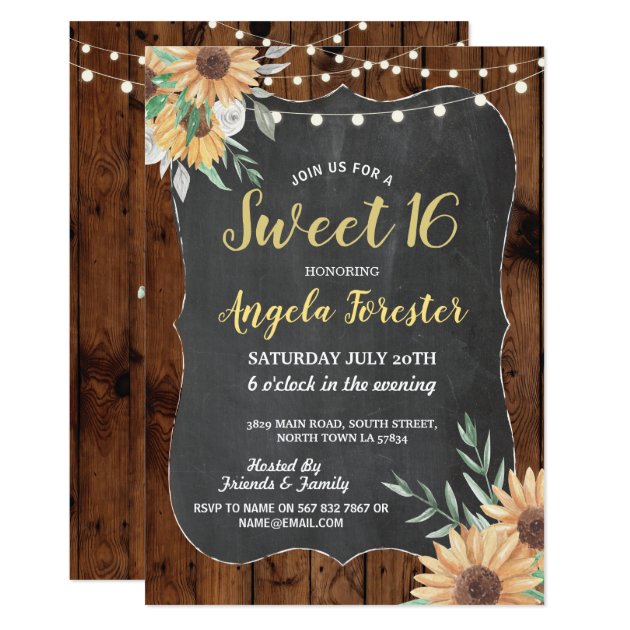 Rustic Sweet 16 Party Wood Floral Lights Sunflower Invitation