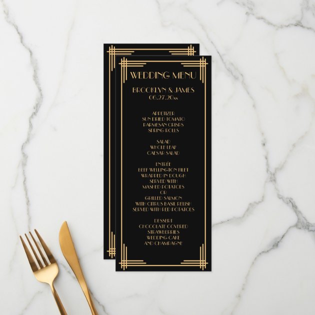 Black Gold Great Gatsby Art Deco Wedding Menu Card
