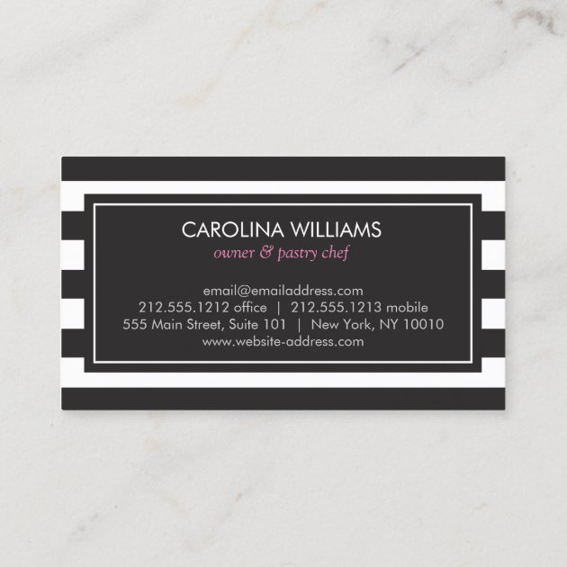 Luxury Striped Cupcake Trio Bakery Business Card (back side)