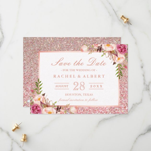 Rose Gold Glitters Pink Floral Save The Date