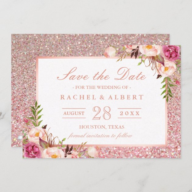 Rose Gold Glitters Pink Floral Save The Date