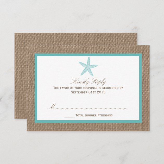 Turquoise Starfish Burlap Beach Wedding Collection RSVP Card