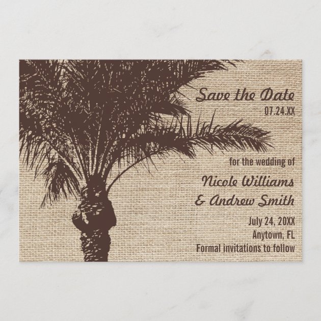 Burlap Palm Tree Brown Save the Date Announcement