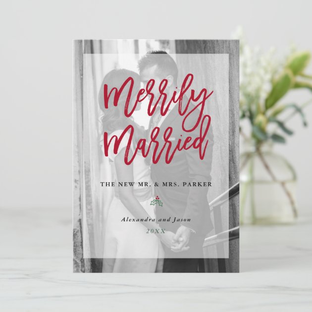 Merrily Married Photo With Overlay | Red Holiday Card