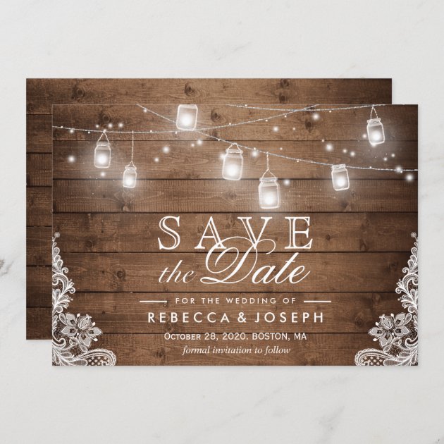 Save The Date Card Rustic Mason Jar String Lights