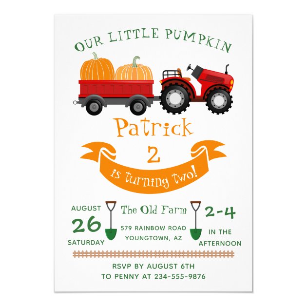 Fall Pumpkin Tractor Farm Kids Birthday Invitation