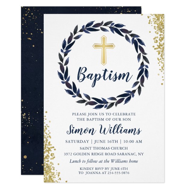Navy Blue Wreath Gold Glitter Boy Baptism Invitation