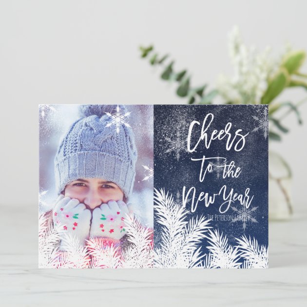 Modern New Year Typography Snow Blue Photo Holiday Card