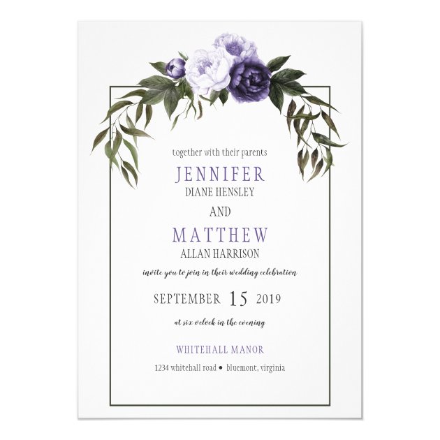 Dark Purple Violet Peonies Watercolor Weddings Invitation