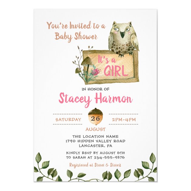 Woodland Owl It's A Girl Baby Shower Invitation