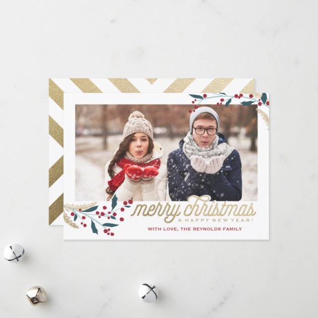 Gold Red Berries Photo Frame | Merry Christmas Holiday Card