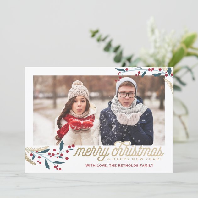 Gold Red Berries Photo Frame | Merry Christmas Holiday Card