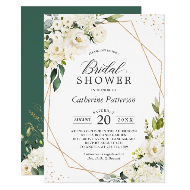 Greenery White Floral Gold Geometric Bridal Shower Invitation