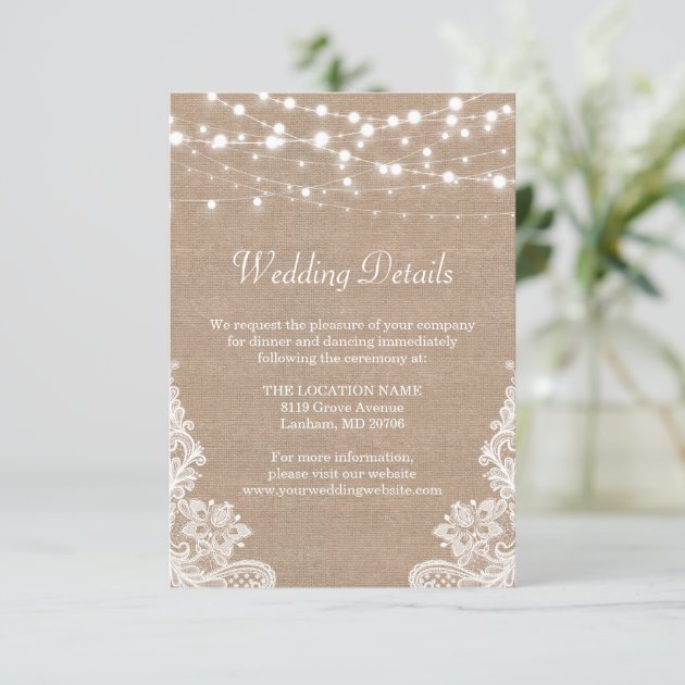 Rustic Burlap String Lights Lace Wedding Details Enclosure Card