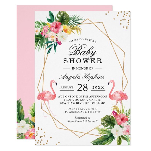 Twin Girls Baby Shower Tropical Floral Flamingos Card