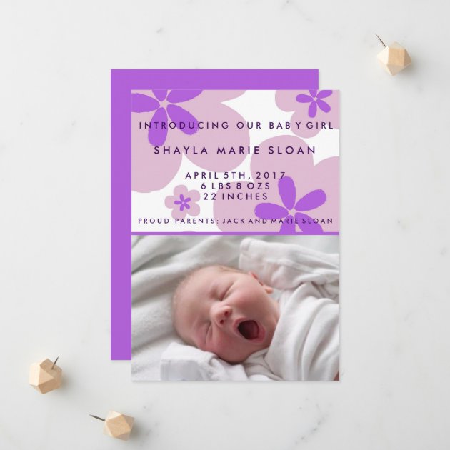 Purple Flower Baby Girl Birth Photo Announcement
