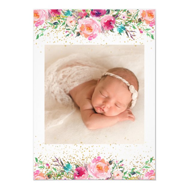 Beautiful Pink Gold Floral Girl Baptism Photo Card