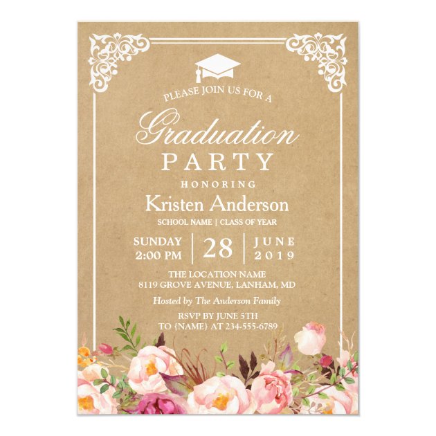2018 Graduation Party | Rustic Floral Frame Kraft Invitation