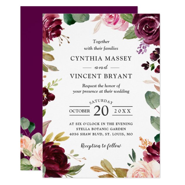 Plum Purple Burgundy Blush Floral Wedding Invitation