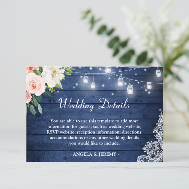 Rustic Blue String Lights Floral Wedding Details Enclosure Card