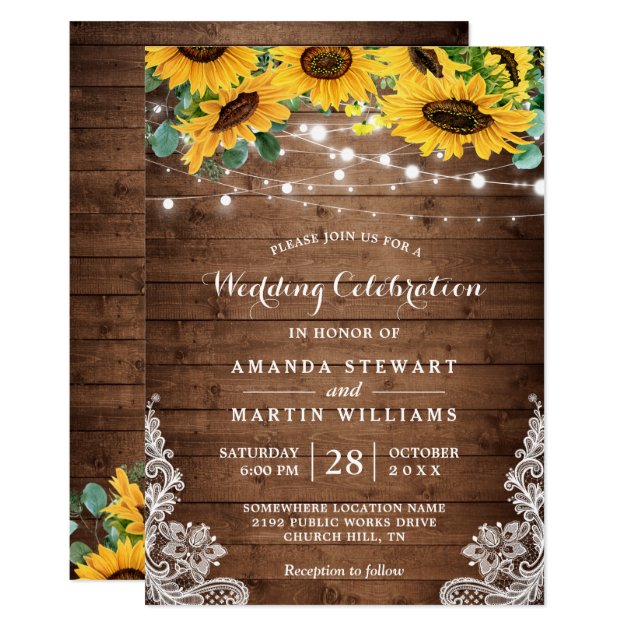 Rustic Sunflower String Lights Fall Autumn Wedding Invitation