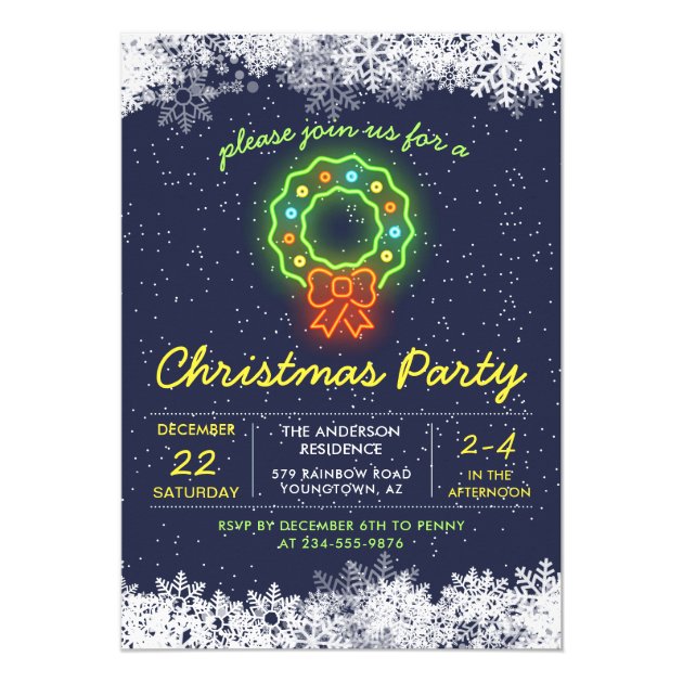 Winter Snowflake Neon Christmas Holiday Party Invitation