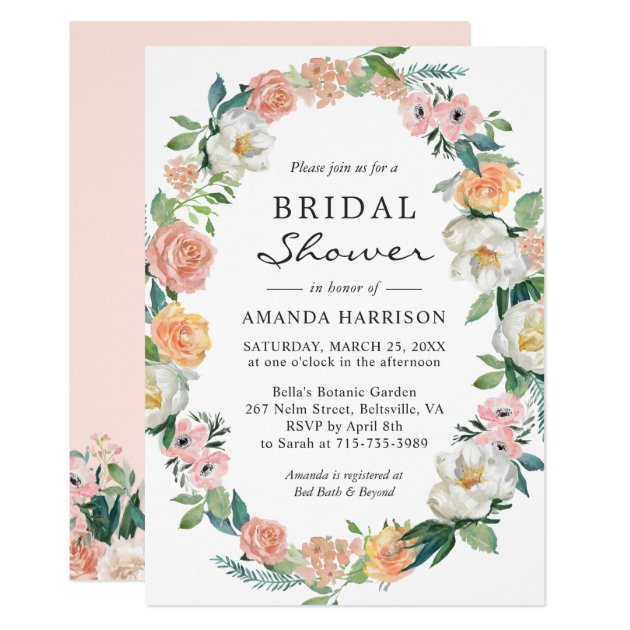 Peach Pink White Green Floral Wreath Bridal Shower Invitation