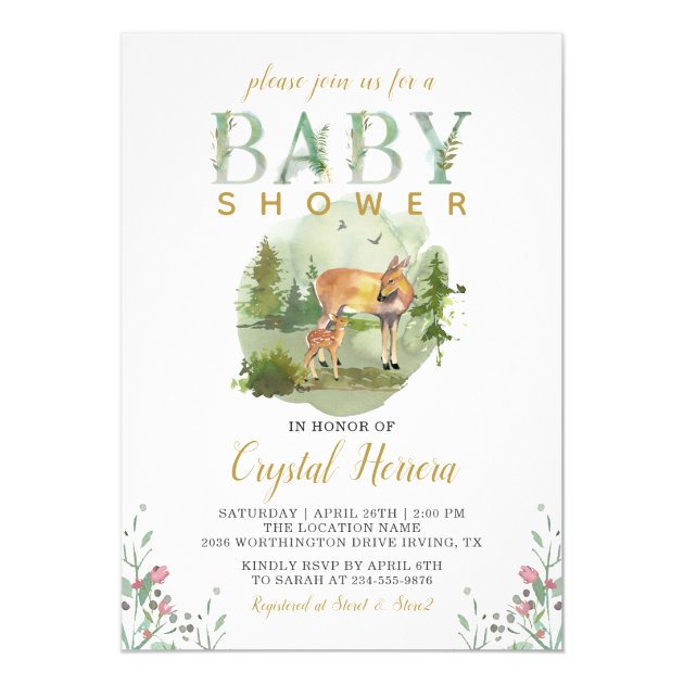Rustic Woodland Forest Watercolor Deer Baby Shower Invitation