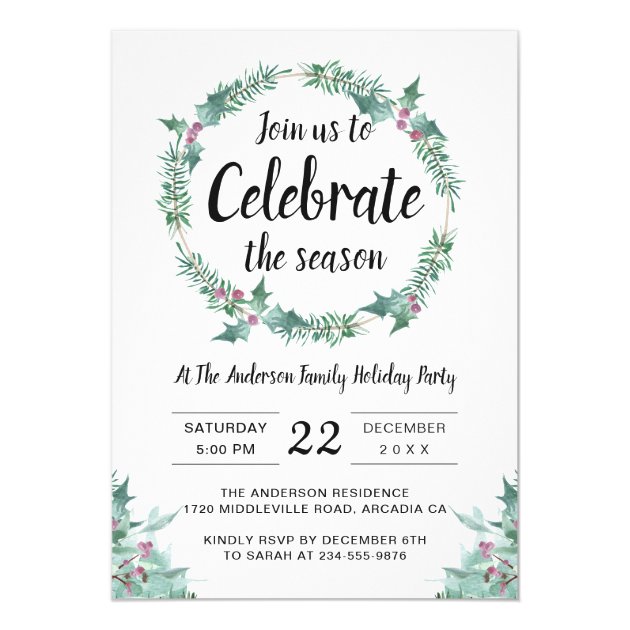 Rustic Watercolor Holly Wreath Holiday Party Invitation