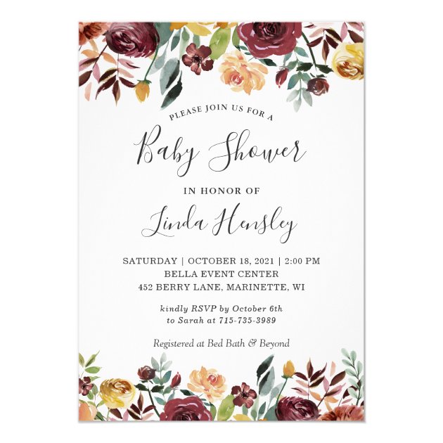 Burgundy Peach Gold Garden Floral Fall Baby Shower Invitation