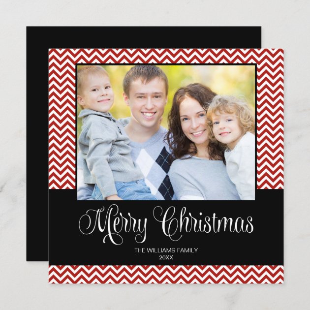 Red Black Chevron Christmas Square Photo Card