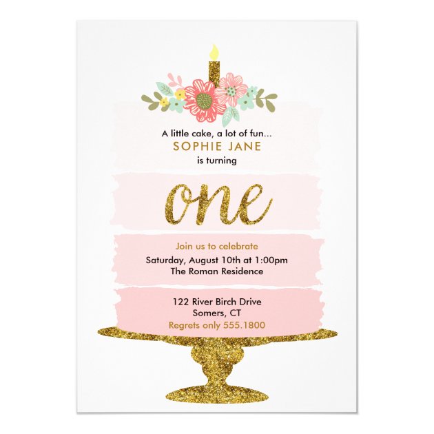 Pink Ombre Cake First Birthday Glitter Invitation
