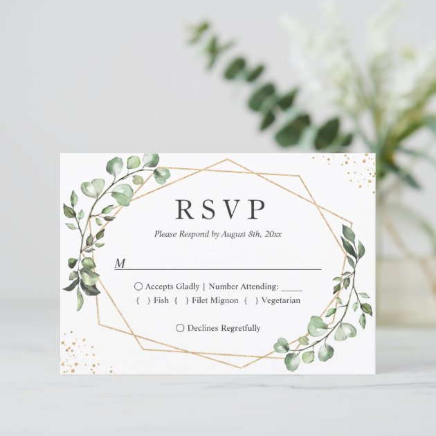 Eucalyptus Greenery Gold Geometric Frame Wedding RSVP Card
