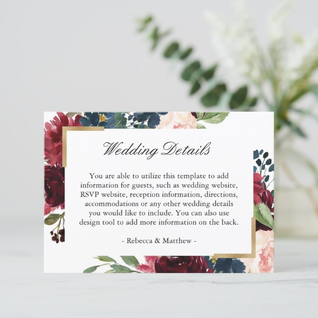 Burgundy Red Blue Floral Wedding Reception Details Enclosure Card