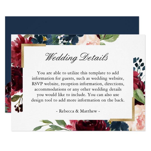 Burgundy Red Blue Floral Wedding Reception Details Card