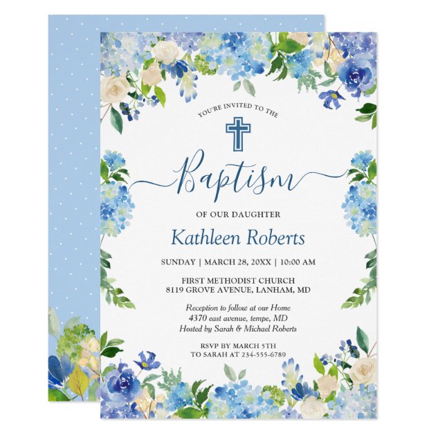 Blue Hydrangea Pastel Floral Baptism Christening Invitation