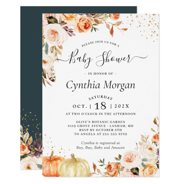 Autumn Flowers Gold Pumpkin Fall Baby Shower Invitation