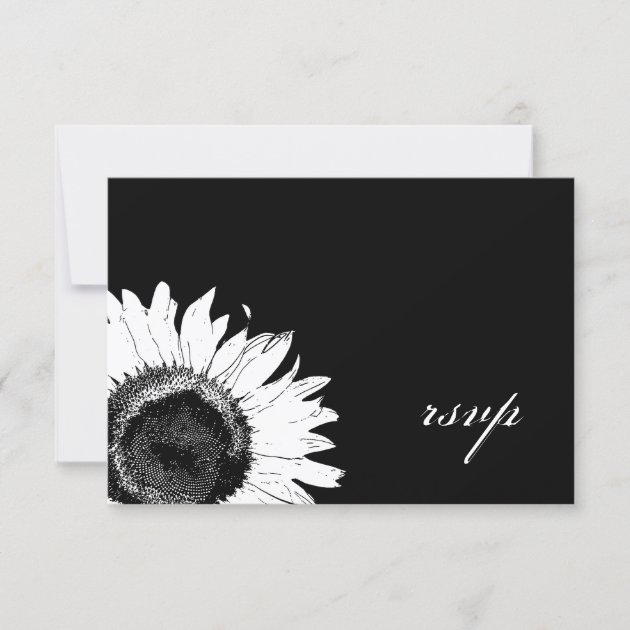 White Sunflower on Black Wedding RSVP Card