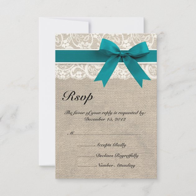 Rustic Lace Burlap Look RSVP Card Turquoise