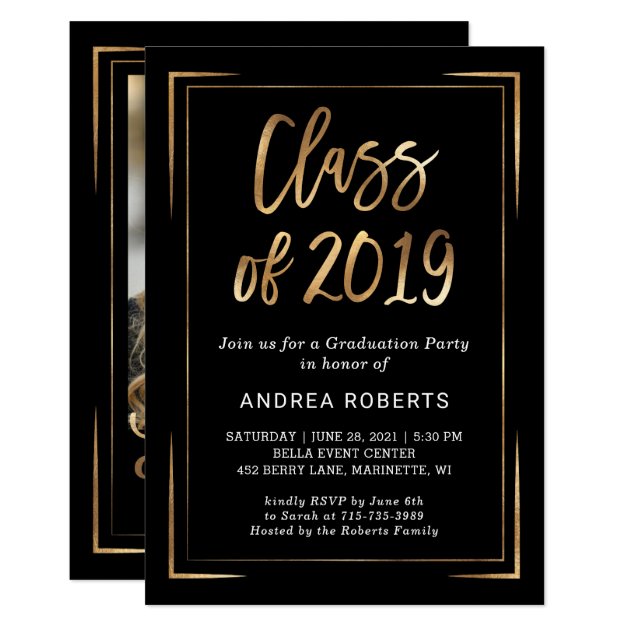 Class of 2019 Black Gold Photo Graduation Party Invitation