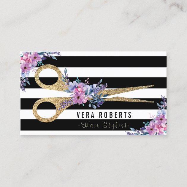 Hair Stylist Gold Scissors & Beauty Salon floral Business Card (front side)