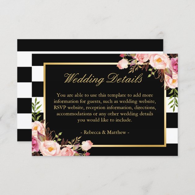 Pink Floral Gold Black Stripes Wedding Details Enclosure Card